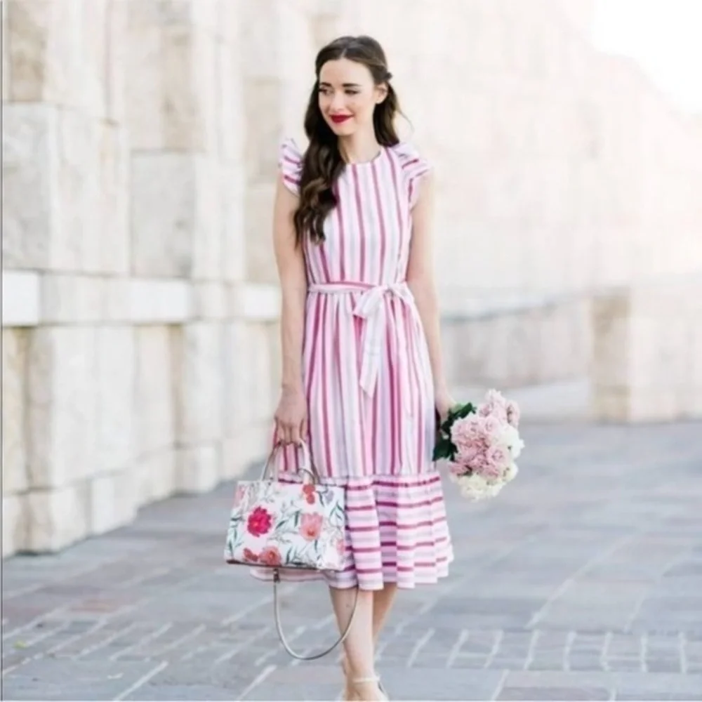 ▶️ Kate Spade ◀️ Pink Striped Poplin Ruffle Midi Dress Women's 14